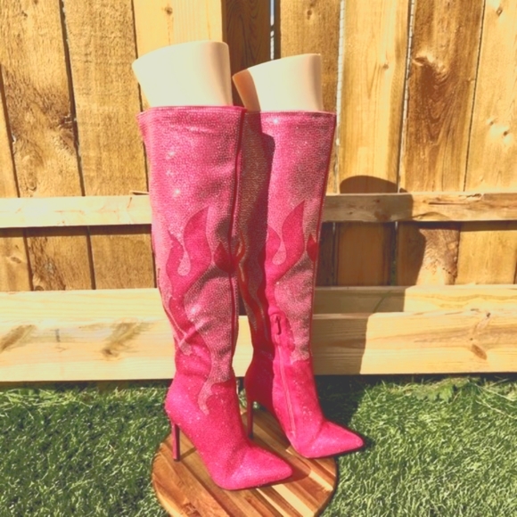Hot Pink & Silver Rhinestone Flame Detail Sexy OTK Thigh Boots - Picture 1 of 13